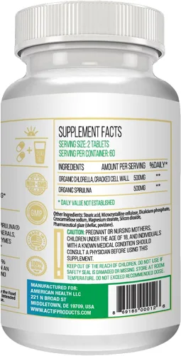 Miniatura 4 de ACTIF Clorella y espirulina orgánica 100% limpiada en el océano, sin OMG, el mejor suplemento de dieta vegana y desintoxicante, fabricado en Estados