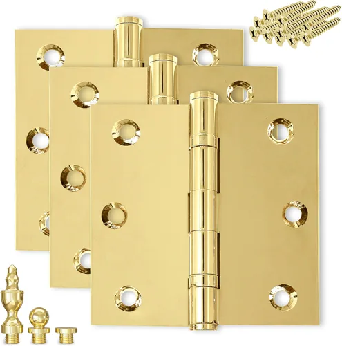 Miniatura 21 de Bisagra de puerta de latón macizo, rodamiento de bolas pulido de 3.5 x 3.5 pulgadas con puntas decorativas de rosca incluidas, juego de 2 bisagras