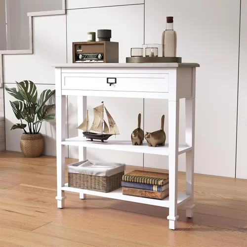 kinbor Accent - Mesa consola blanca con cajón y estante, mesa de sofá de madera con almacenamiento para entrada, pasillo, sala de estar