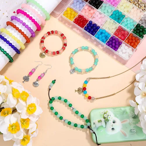 Miniatura 2 de shynek Kit de fabricación de pulseras de 753 cuentas de vidrio, cuentas de vidrio de 24 colores para hacer joyas con cuentas espaciadoras, cuentas
