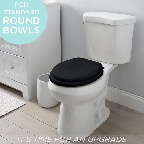 Miniatura 2 de Bath Bliss Asiento de inodoro redondo estándar extra suave Tapa de vinilo decorativa Bisagras antideslizantes de fijación rápida con tornillo