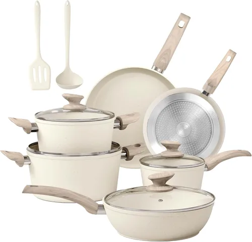 Juego de ollas y sartenes DisDelight antiadherentes, juegos de utensilios de cocina de granito antiadherente para inducción, juego de cocina de