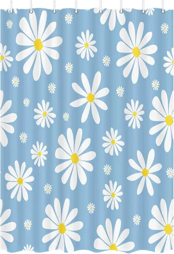 Miniatura 2 de Cortina de ducha con diseño floral de margaritas azules para caravana, remolque, baño, lindo juego de cortinas de ducha de tela estrecha y corta