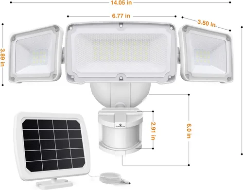 Miniatura 7 de GLORIOUS-LITE - Luz de seguridad solar para exteriores, luz LED solar de 1600LM con sensor de movimiento y 3 cabezales ajustables, 5500K