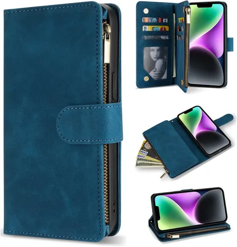 Miniatura 17 de ZZXX Funda tipo cartera para iPhone 14 Plus con [Bloqueo RFID] Ranura para tarjetas Cuero PU suave premium con cremallera tipo folio plegable