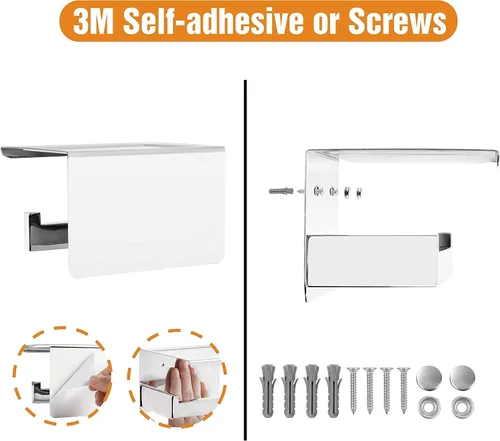 Miniatura 4 de HITSLAM Soporte de papel higiénico con estante, soporte para rollo de papel higiénico cromado autoadhesivo o montaje en pared con estante