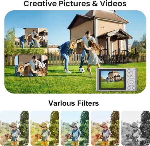 Miniatura 3 de Cámara digital, cámara para niños, UHD 4K 72MP apuntar y disparar cámaras digitales con tarjeta de memoria de 32 GB y zoom digital de 16X