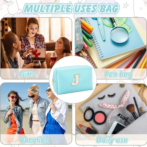 Miniatura 3 de URSKYTOUS Regalos para niñas, bolsa de maquillaje con inicial, bolsa de cosméticos personalizada con cremallera, bonita bolsa de aseo de viaje, Azul