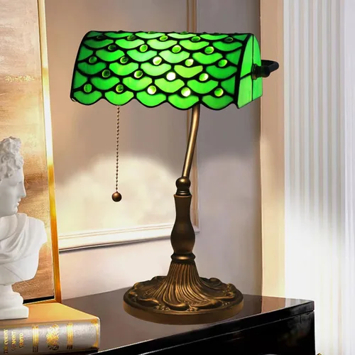 Miniatura 2 de Green Bankers - Lámpara de mesa vintage, luz de escritorio retro, lámpara de escritorio de oficina de vidrieras Tiffany, lámpara de cuentas