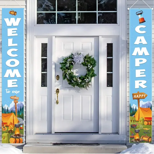 Miniatura 6 de Cartel de bienvenida con texto en inglés «Happy Welcome Camper», 70.8 x 11.8 pulgadas, tela de poliéster, azul, letrero de bienvenida