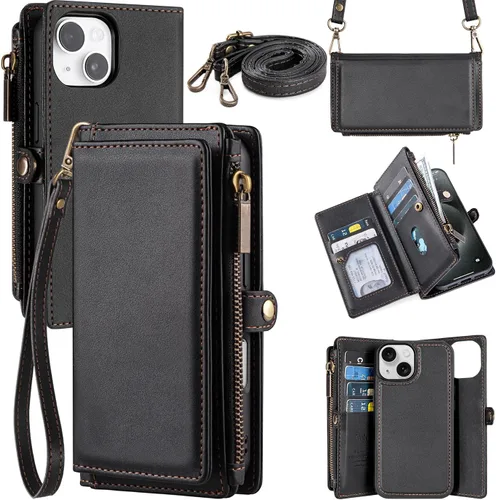 Funda tipo cartera MagSafe para iPhone 13 - Cartera magnética desmontable con bloqueo RFID, cremallera de piel sintética y correa para mujeres y