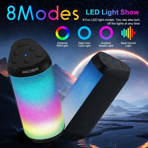 Miniatura 3 de Altavoz Bluetooth portátil, potente sonido estéreo HD, IPX4 impermeable, hasta 36 horas de reproducción, 8 modos de luz LED fría, emparejamiento
