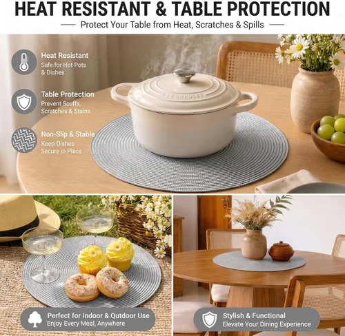 Miniatura 7 de FunWheat Juego de 6 manteles individuales redondos trenzados para mesas de comedor, tejidos, lavables, antideslizantes, de 15 pulgadas
