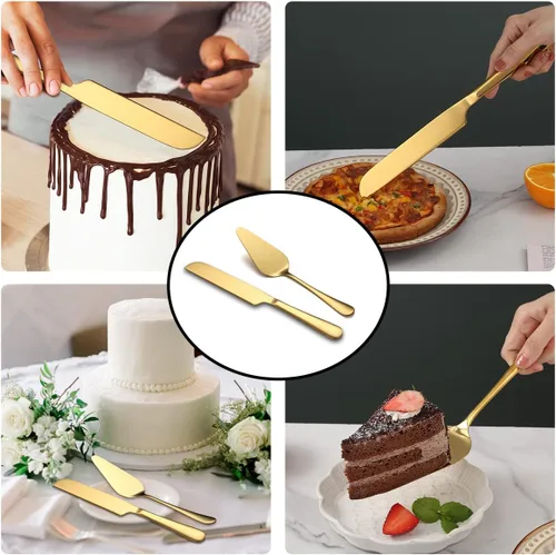 Miniatura 7 de Kyraton Juego de cuchillos y servidores dorados para tartas de boda, chapado en titanio dorado, juego de corte de pastel de acero inoxidable