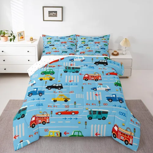 Miniatura 8 de Feelyou Juego de ropa de cama de tractor, edredón de excavadora, juego de edredón de automóvil de dibujos animados para niños, juego de edredón