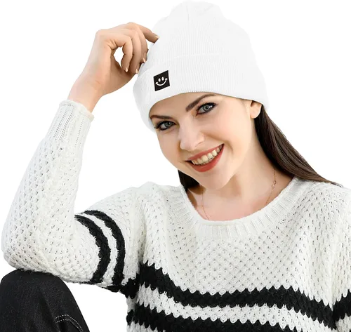 Miniatura 6 de MaxNova Gorro para mujer y hombre, diseño de cara sonriente, gorro de invierno, 2 paquetes