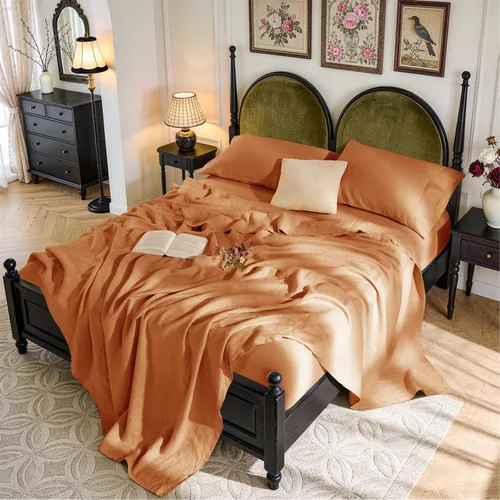 Miniatura 28 de SONORO KATE Sábanas de cama de lino francés 100% puro, tamaño Queen, sábanas de cama de lino transpirables y duraderas, antidesgarro, lavables a