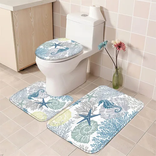 Miniatura 3 de Nkzply 4 piezas de cortina de ducha de playa azul, juegos de baño con cortina de ducha y alfombras, juego de cortina de ducha de océano, decoración