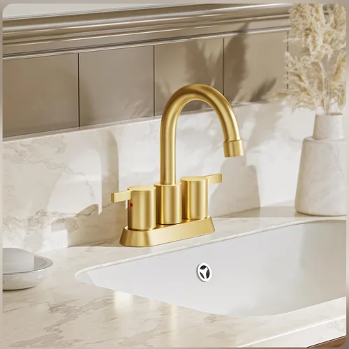 Miniatura 2 de Grifo de baño sin plomo de 4 pulgadas con 2 manijas de oro cepillado centrado, boquilla giratoria con drenaje emergente de cobre y 2 líneas