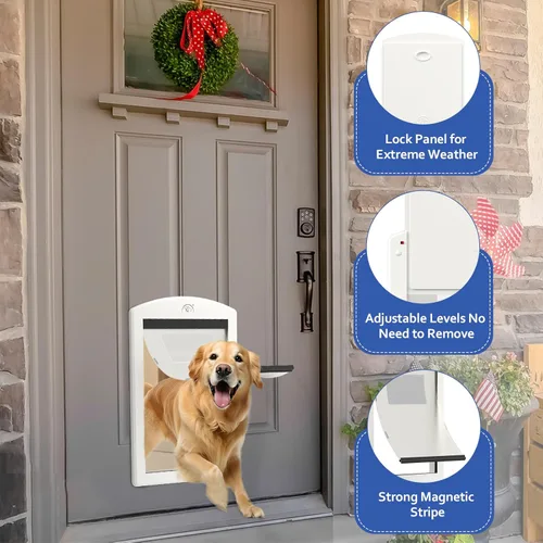 Miniatura 2 de Puertas para perros Classicmacher con marco blanco para perros medianos, puerta de mascotas de plástico resistente con panel de cerradura deslizante