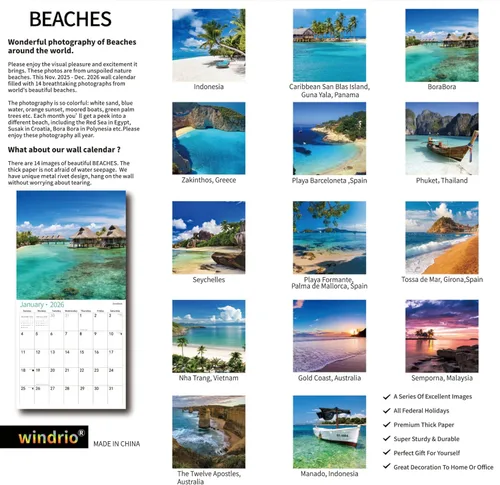 Miniatura 2 de Calendario de pared 2026, calendario 2026, noviembre de 2025 a diciembre de 2026, calendario de pared PLAYAS, 12 x 24 pulgadas abierto, página
