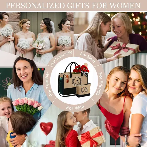 Miniatura 5 de YOOLIFE Regalos personalizados para mujeres, bolsa de yute con inicial y bolsa de maquillaje, regalos de cumpleaños para mujeres, mamá, esposa