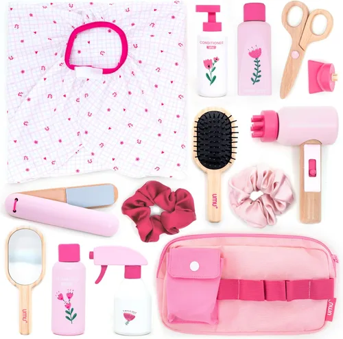 UMU® Juego de peluquería de madera – 17 piezas de juguete de peluquería con secador de pelo, alisador, peine de espejo y accesorios – Diseño de