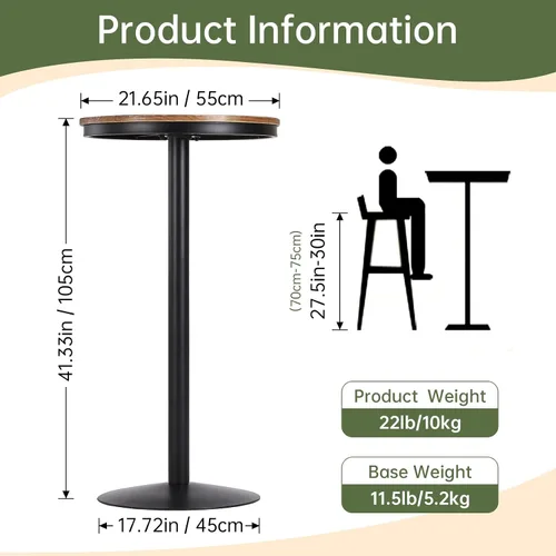 Miniatura 2 de Mesa de bar redonda de 42 pulgadas de altura con parte superior de madera maciza y base de metal resistente, mesa de pub industrial rústica