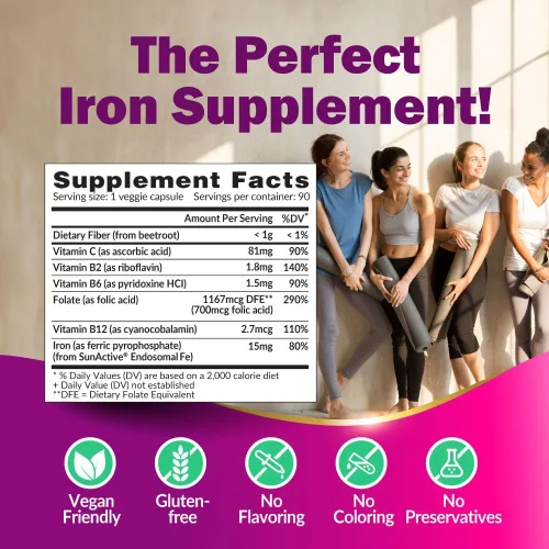 Miniatura 6 de LABO Nutrition Femme Iron Endosomal SunActive, suplemento de hierro no irritante de 15 mg para constructor de sangre, vegano, suave, sin regusto