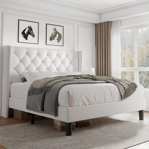 Miniatura 14 de iPormis - Base de cama tapizada de tamaño completo con cabecera capitonada con botones, base de cama tapizada con listones de madera sólidos, 20 cm
