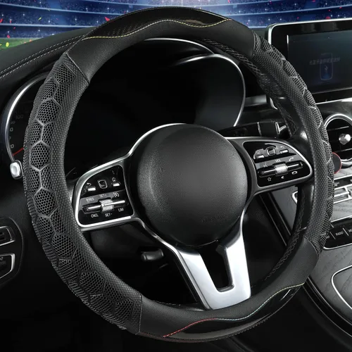 Funda de cuero PU para volante de 14.5 a 15 pulgadas, agarre estilo fibra de carbono, antideslizante y transpirable, universal para sedán, SUV,