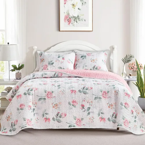 Juego de edredón floral tamaño Queen 88x88 con flores rosas y amarillas, de microfibra suave, ligero, colcha reversible de verano de 3 piezas, juego