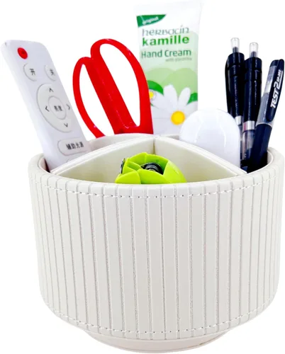 Miniatura 8 de Soporte redondo de cuero sintético para control remoto de TV, organizador de escritorio giratorio de 360°, 4 compartimentos, soporte