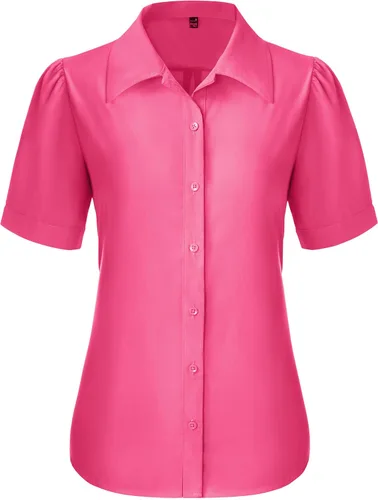 Miniatura 12 de Gleeivy Camisas de botones para mujer de manga corta abombada, camisas de vestir abotonadas con cuello ajustado, blusa superior de trabajo