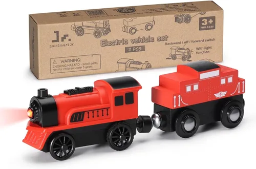 Miniatura 7 de SainSmart Jr. Juego de accesorios de tren de madera, 2 piezas de tren motorizado para niños pequeños con conexión magnética, tren a pilas compatible