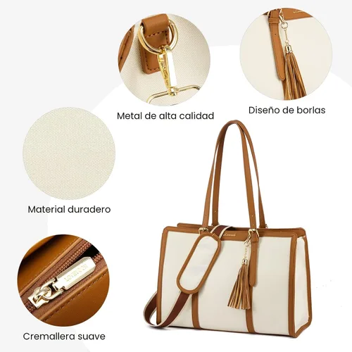 Miniatura 8 de LOVEVOOK Bolsa para laptop para mujer, bolsa de lona ligera de 15.6 pulgadas, bolsa grande para computadora, con bolso de mano, para negocios, Beige