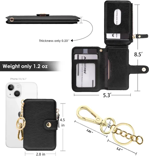 Miniatura 63 de Cartera con llavero, tarjetero con bloqueo RFID de piel, funda para tarjetas de crédito con cremallera para mujer