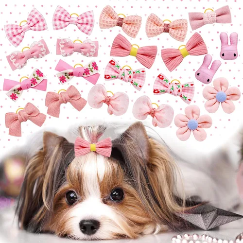 Miniatura 7 de 20 piezas de lazos pequeños de color rosa claro para el pelo de perros con bandas de goma, moño de bola de flores con nudo superior para accesorios