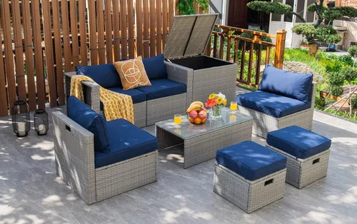 Miniatura 12 de Tangkula Patiojoy - Juego de muebles de patio de 8 piezas, sofá seccional de ratán PE para 6 personas con funda impermeable, para jardín, cubierta