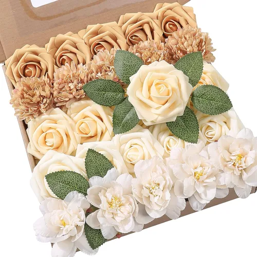 Miniatura 21 de YYHUAWU Flores Artificiales Juego de Caja Combinada Color Degradado Flor Hoja con Tallos para Ramos de Boda DIY Centros de Mesa Baby Shower Fiesta