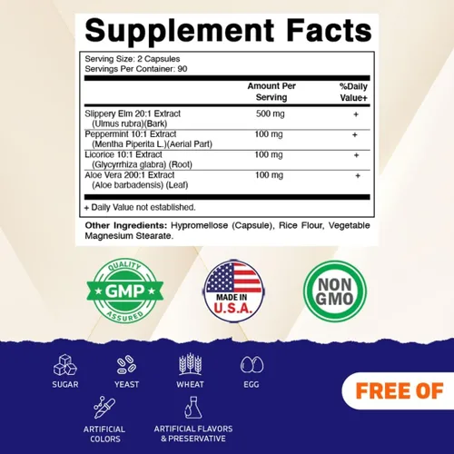 Miniatura 2 de Vitamatic Barra de olmo resbaladizo de 500 mg con menta 100 mg, DGL 100 mg y aloe vera 100 mg – Vegano, sin OMG – 180 cápsulas – Paquete de 2