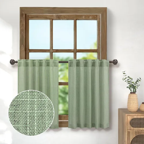 Cortinas de 24 pulgadas para cocina, decoración rústica de granja color verde salvia, 2 paneles, bolsillo con solapa trasera, cortinas opacas y