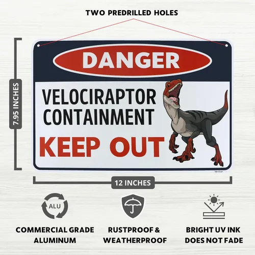 Miniatura 2 de Venicor Letrero de dinosaurio de velociraptor, 8 x 12 pulgadas, aluminio, decoración de habitación de dinosaurio Raptor para niños y niños, póster