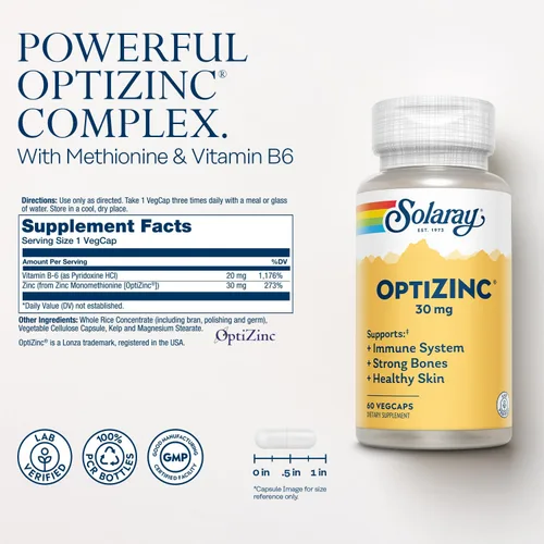 Miniatura 2 de SOLARAY OptiZinc Suplemento de apoyo inmunológico de 30 mg – Suplementos de zinc para hombres y mujeres con vitamina B6 – Huesos fuertes y apoyo a