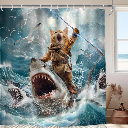 Miniatura 21 de Divertida cortina de ducha con diseño de gato de surf, tiburón, divertida, náutico, océano, océano, mar, ondas, animales, novedad, 72 pulgadas