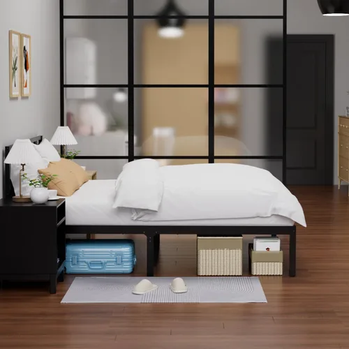 Miniatura 3 de Marco de cama de bambú tamaño Queen con cabecero, plataforma de cama sólida y estable con listones antideslizantes de soporte, cama alta, no Negro