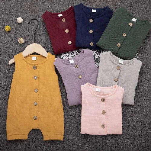Miniatura 6 de Mameluco de algodón y lino para bebés, recién nacidos, para verano, sin mangas, conjunto de ropa