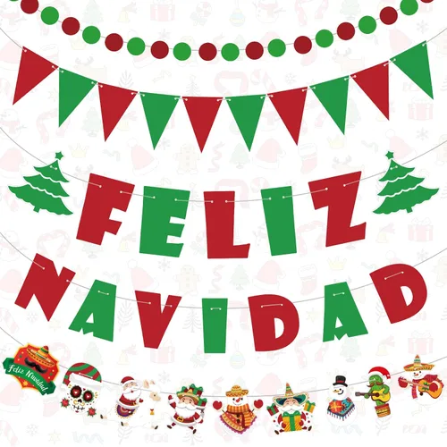 Hollowfly 5 piezas de pancarta de Feliz Navidad, decoraciones mexicanas de Navidad en rojo, verde, pancarta de Navidad española, banderines de Feliz