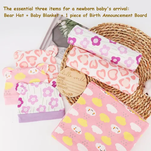 Miniatura 6 de DRESHOW BQUBO - Conjunto de gorro de algodón para bebé, manta para recién nacido, con orejas de oso, tarjeta de anuncio de nacimiento de madera