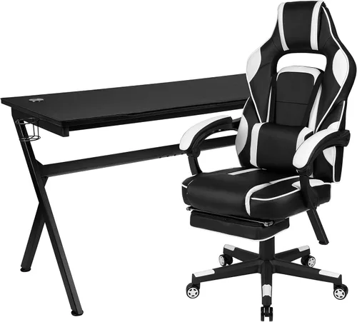 Miniatura 27 de Flash Furniture Juego de escritorio para juegos negro y silla de carreras blanco/negro con soporte para tazas, gancho para auriculares y soporte
